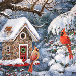Jigsaw puzzle box for Winter's Retreat, featuring a pair of cardinals in a snowy scene