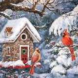 Jigsaw puzzle box for Winter's Retreat, featuring a pair of cardinals in a snowy scene