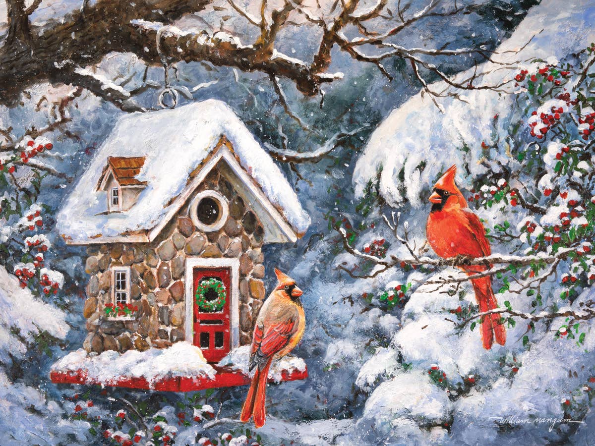 Jigsaw puzzle box for Winter's Retreat, featuring a pair of cardinals in a snowy scene