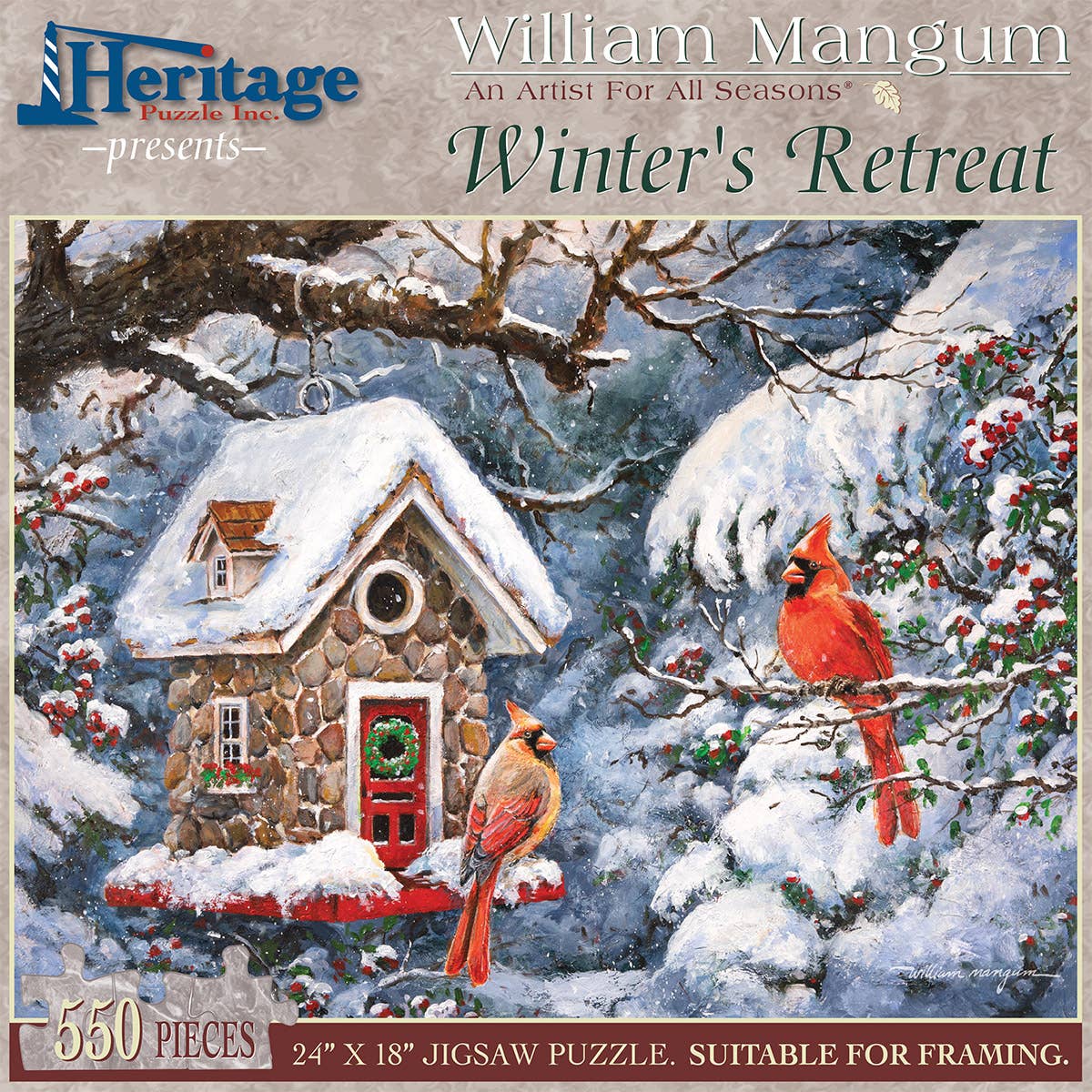 Jigsaw puzzle box for Winter's Retreat, featuring a pair of cardinals in a snowy scene