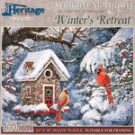 Jigsaw puzzle box for Winter's Retreat, featuring a pair of cardinals in a snowy scene