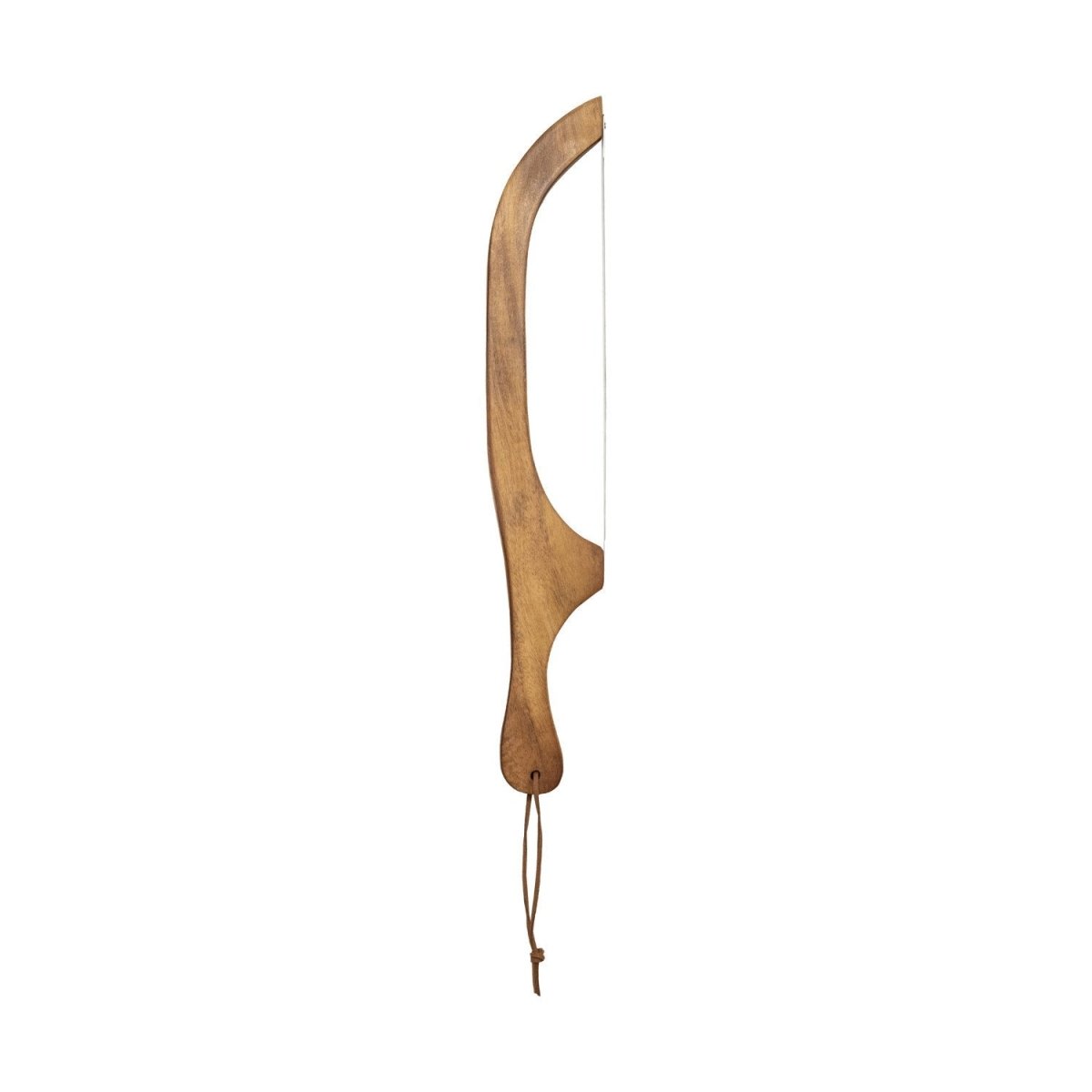 Wood bread bow knife with a stainless steel blade and faux leather tie