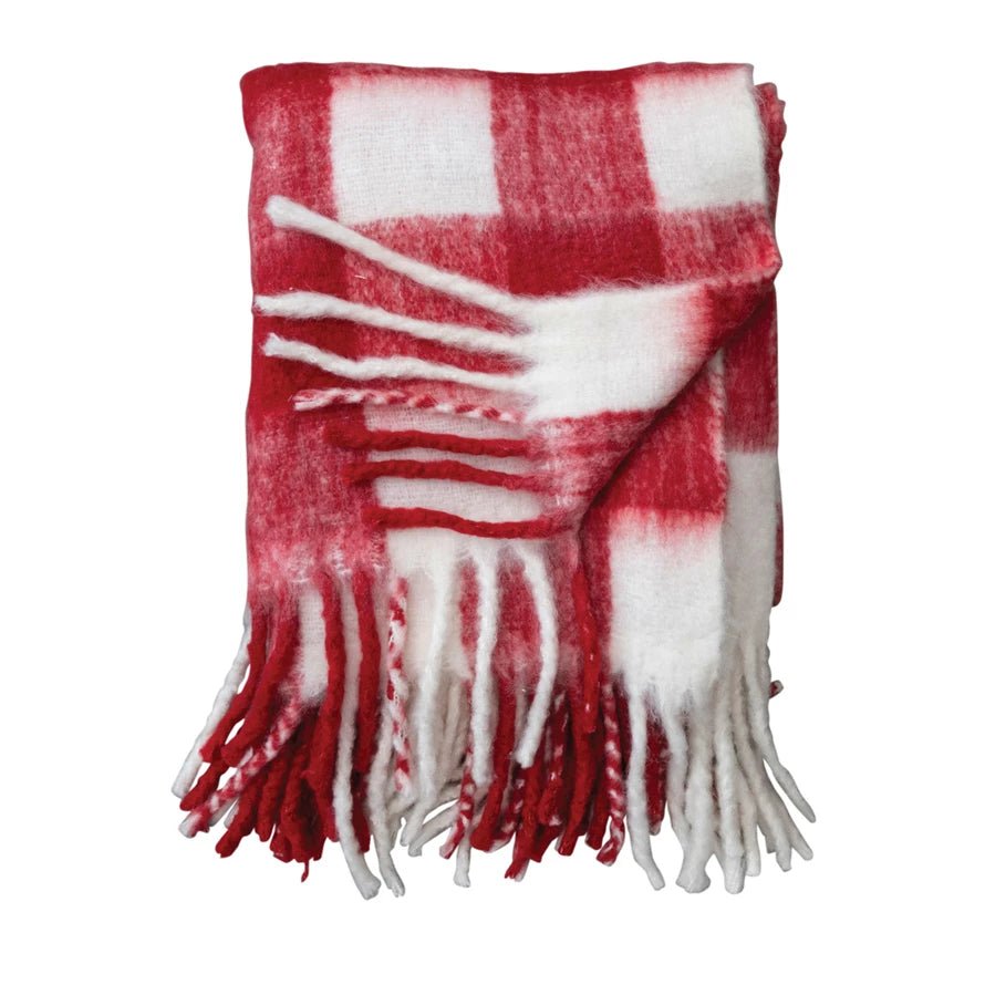 Woven Acrylic w/ Fringe, Red & White Plaid - Pages & Parcels