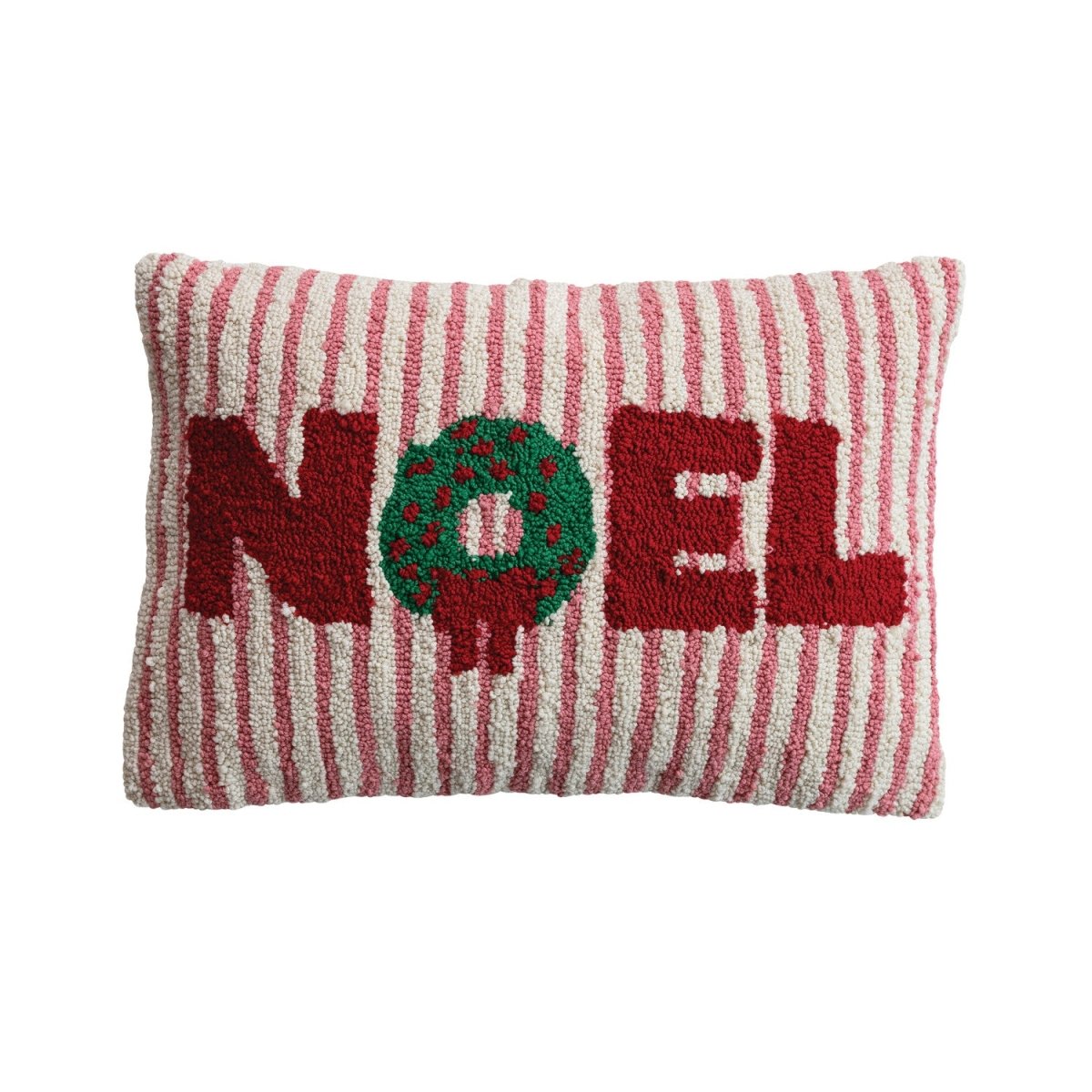 A woven cotton striped lumbar pillow with a tufted wreath design and the word Noel