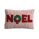A woven cotton striped lumbar pillow with a tufted wreath design and the word Noel