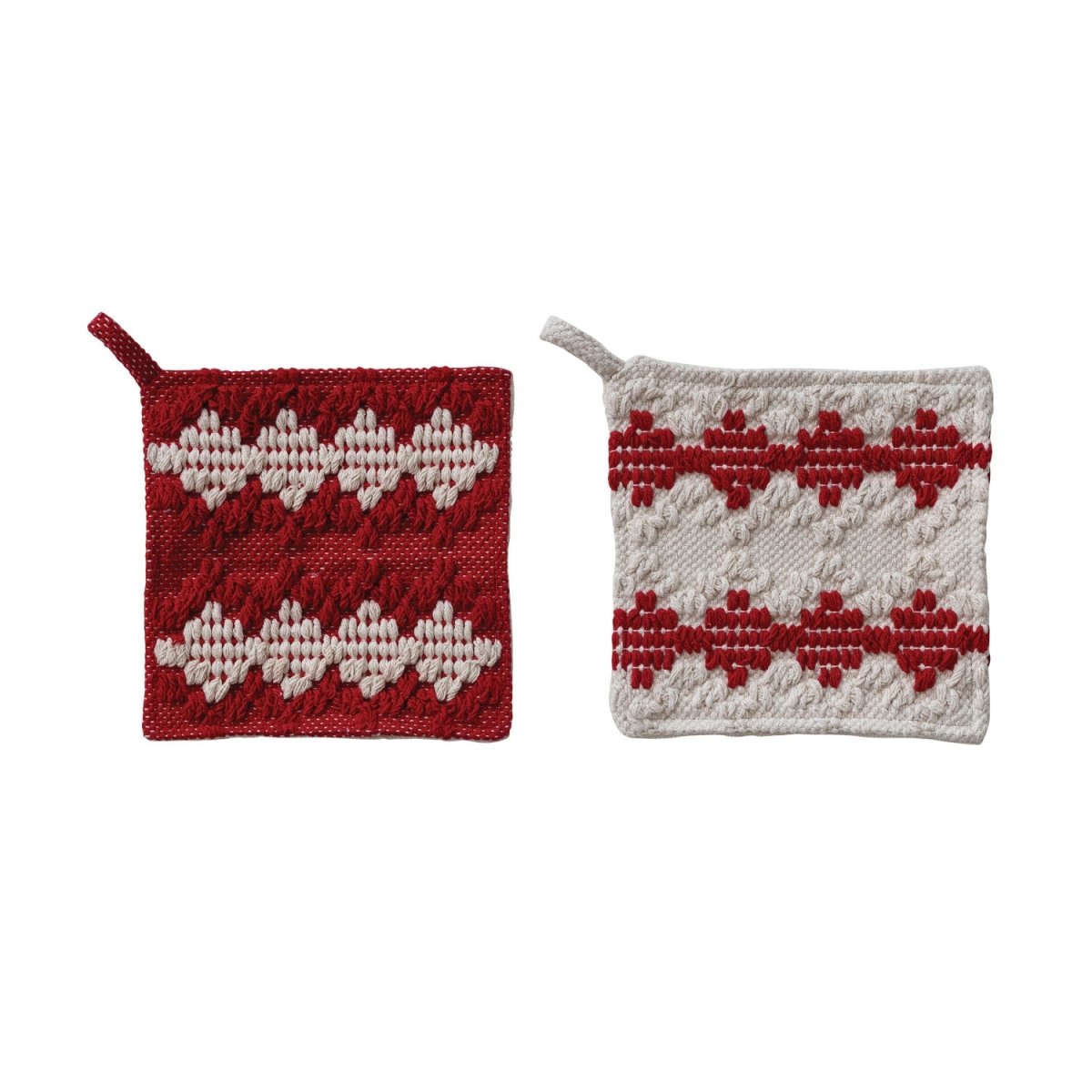 A woven cotton pot holder with a tufted diamond pattern and terry cloth back, one of two colors