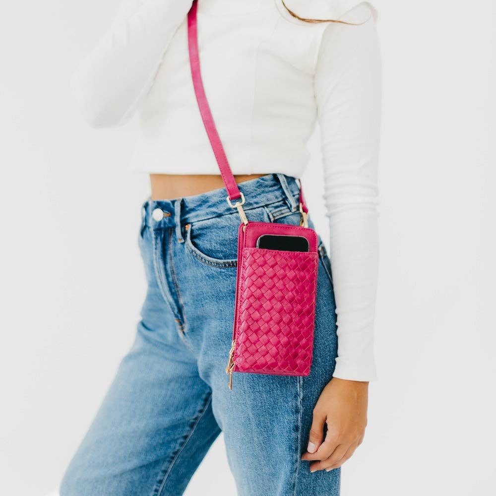 Woven crossbody phone bag with card slots and a coin purse