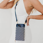 Woven crossbody phone bag with card slots and a coin purse
