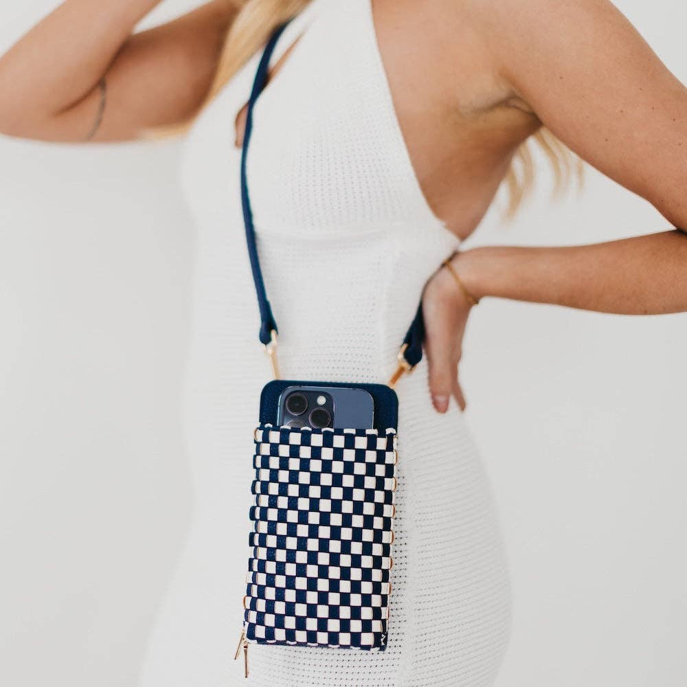 Woven crossbody phone bag with card slots and a coin purse