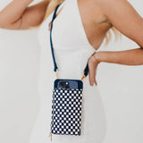 Woven crossbody phone bag with card slots and a coin purse