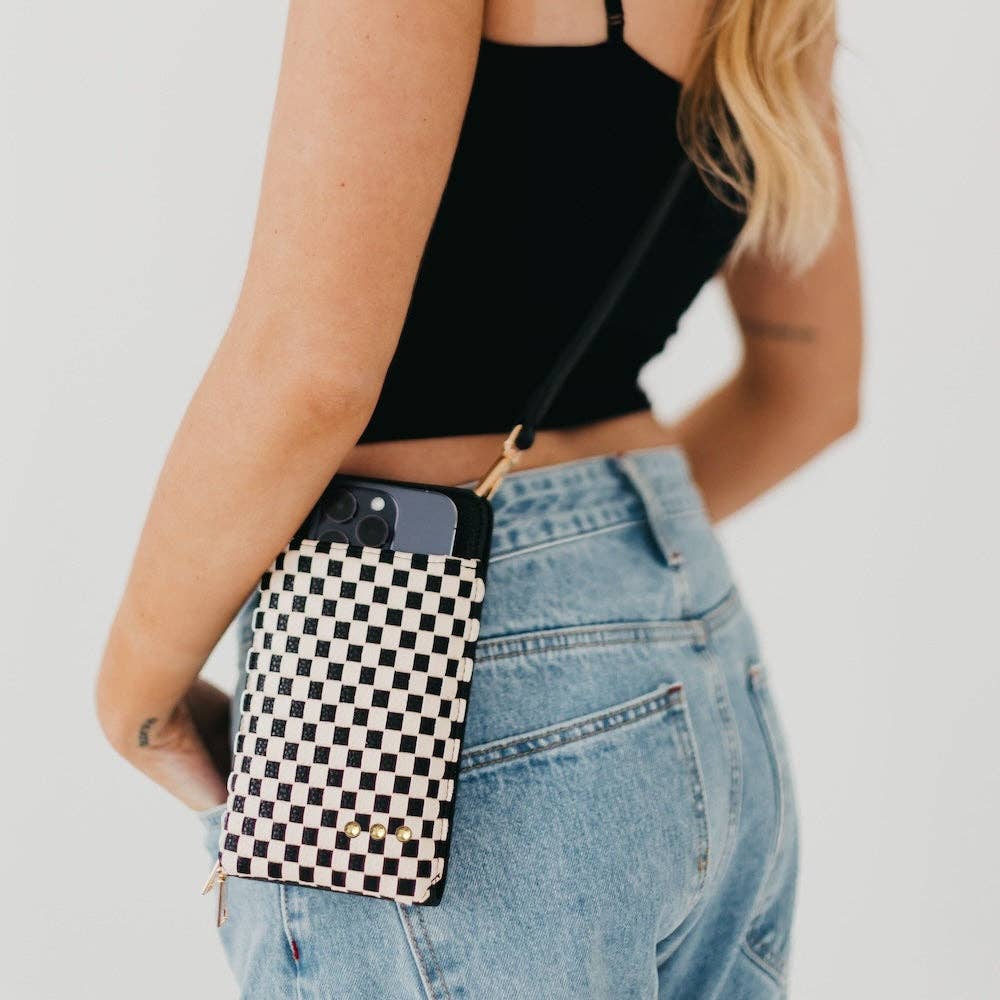 Woven crossbody phone bag with card slots and a coin purse
