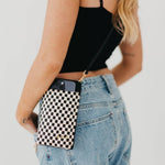 Woven crossbody phone bag with card slots and a coin purse
