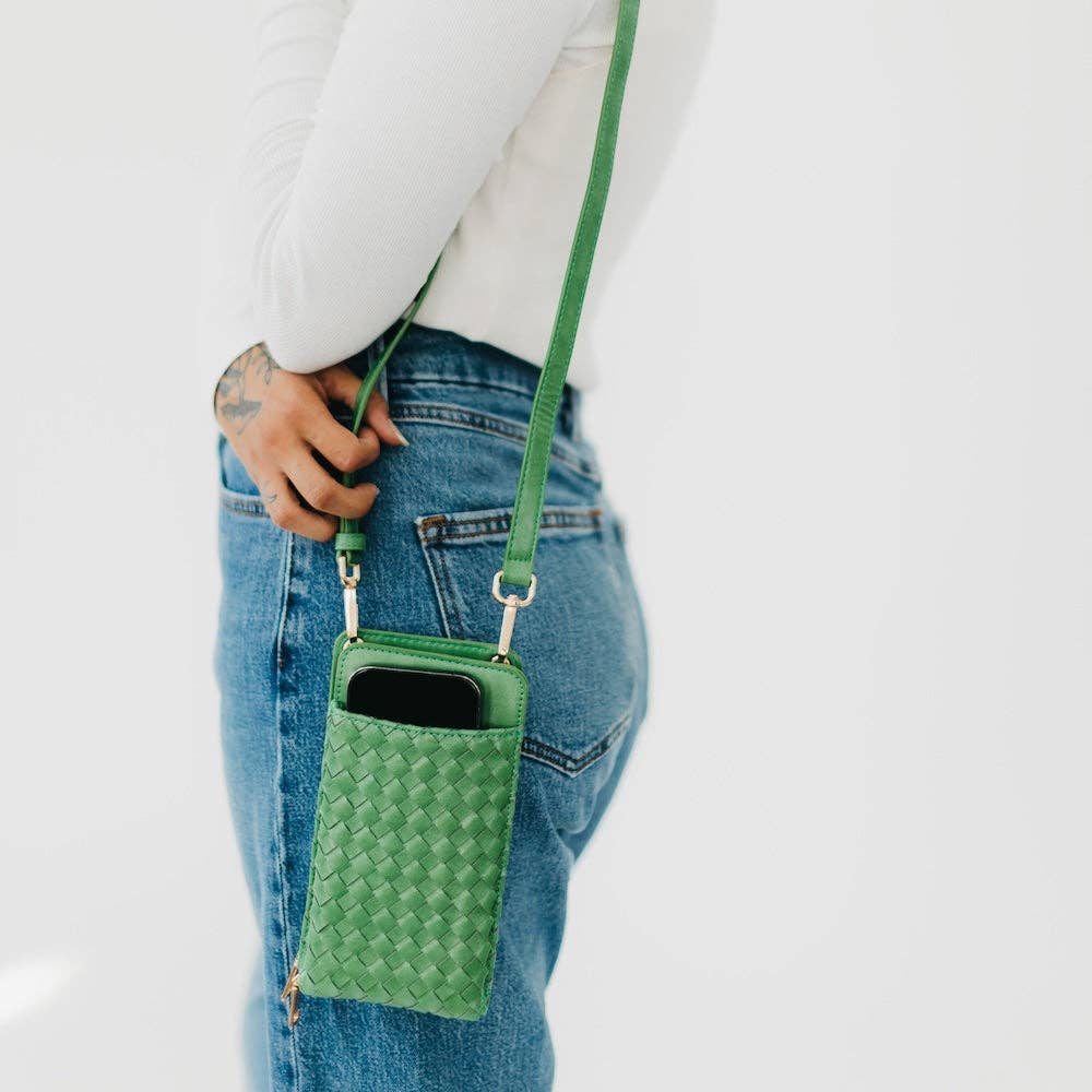 Woven crossbody phone bag with card slots and a coin purse