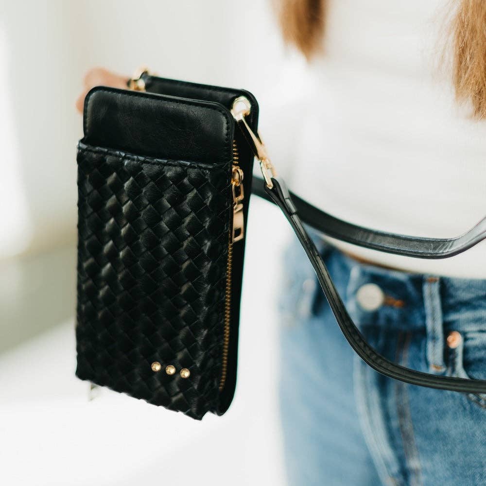 Woven crossbody phone bag with card slots and a coin purse