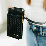 Woven crossbody phone bag with card slots and a coin purse