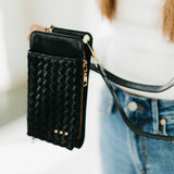 Woven crossbody phone bag with card slots and a coin purse