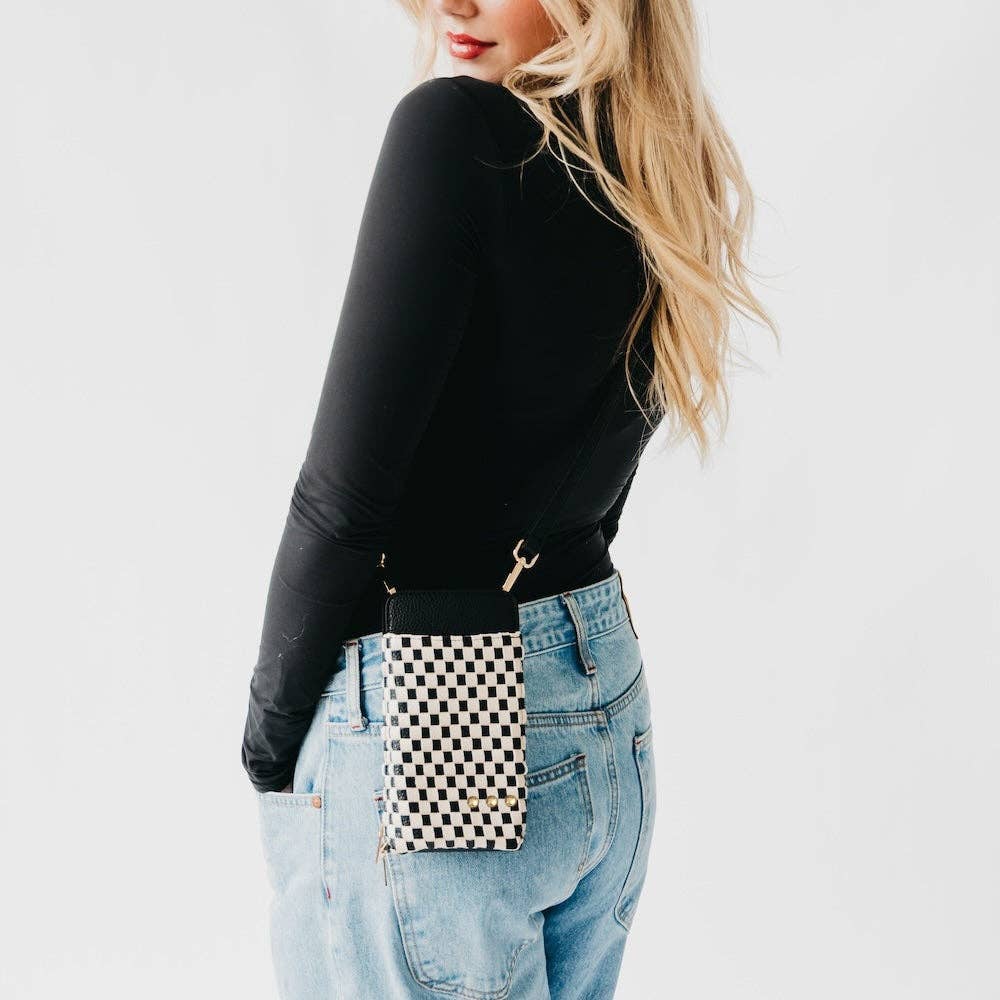 Woven crossbody phone bag with card slots and a coin purse