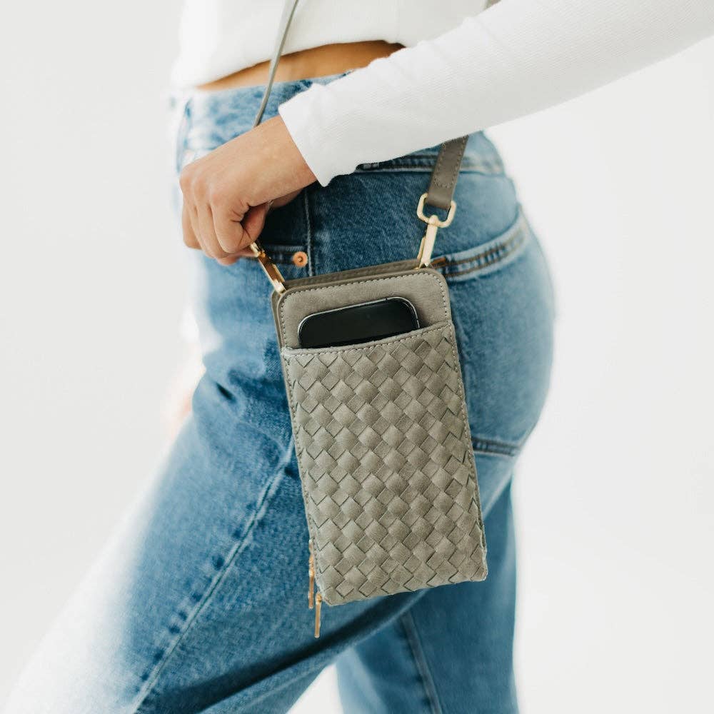 Woven crossbody phone bag with card slots and a coin purse