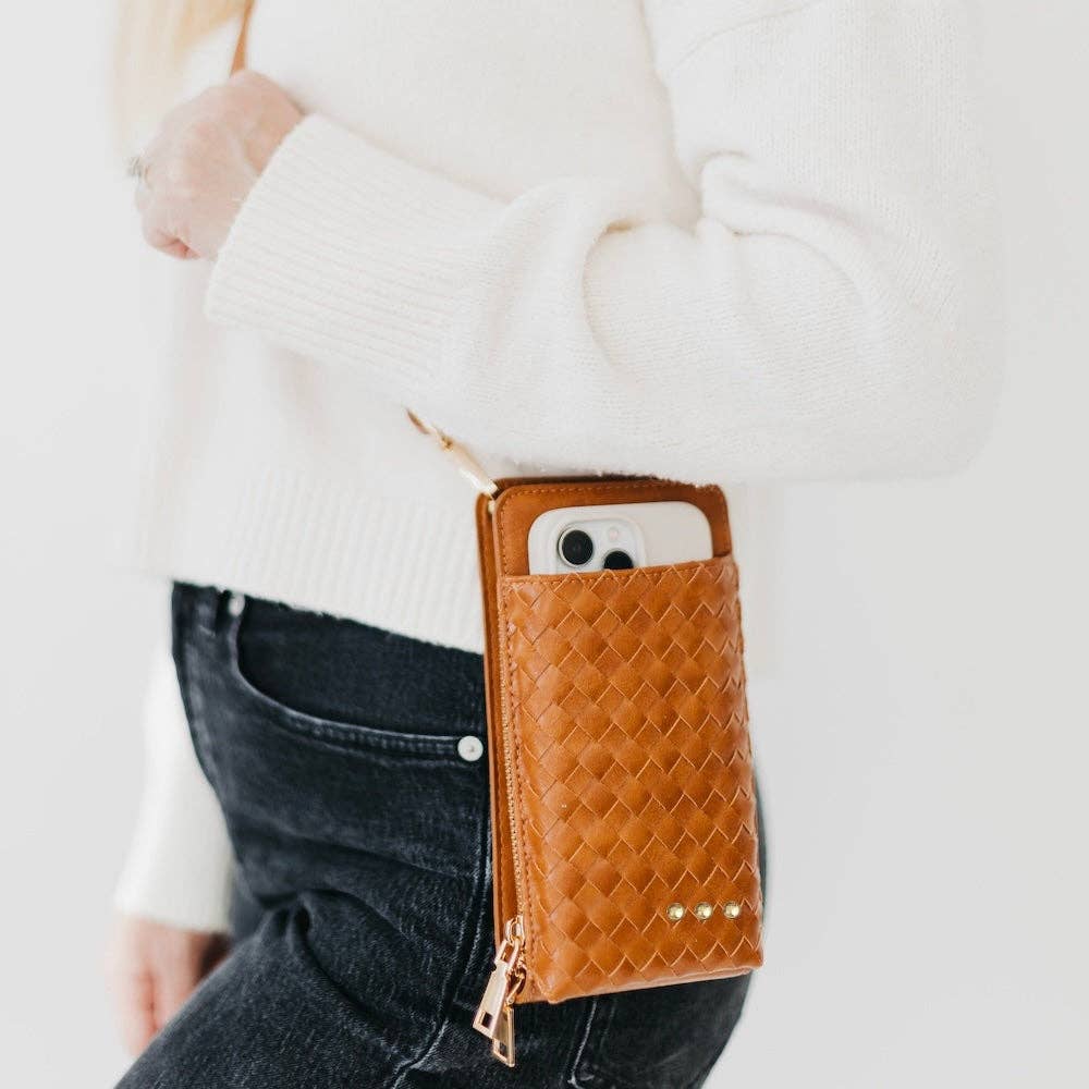 Woven crossbody phone bag with card slots and a coin purse