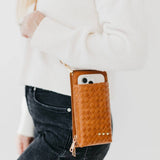 Woven crossbody phone bag with card slots and a coin purse