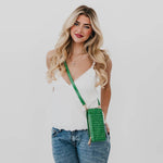 Woven crossbody phone bag with card slots and a coin purse