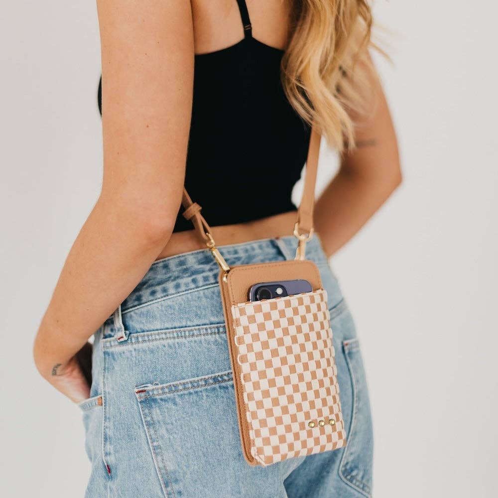 Woven crossbody phone bag with card slots and a coin purse