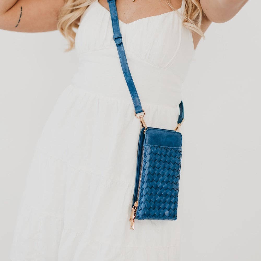 Woven crossbody phone bag with card slots and a coin purse