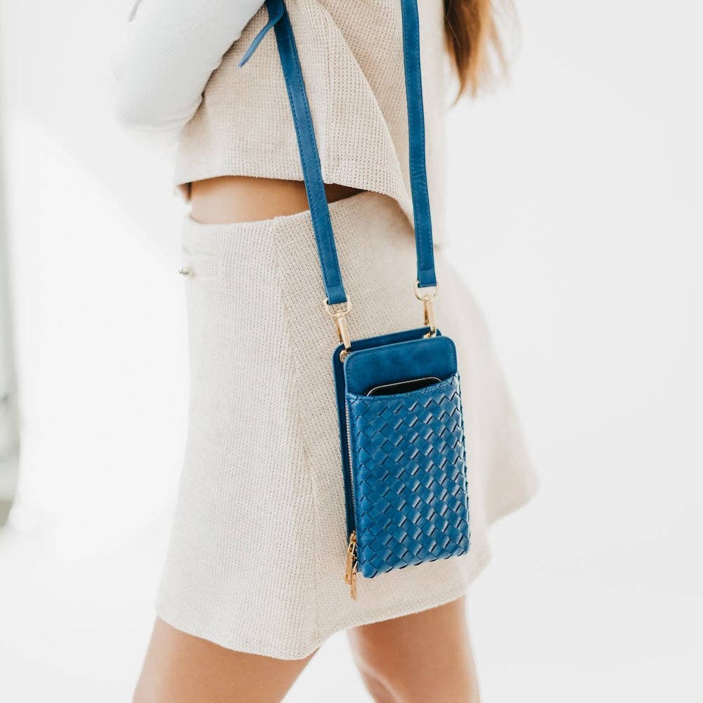 Woven crossbody phone bag with card slots and a coin purse