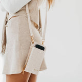 Woven crossbody phone bag with card slots and a coin purse