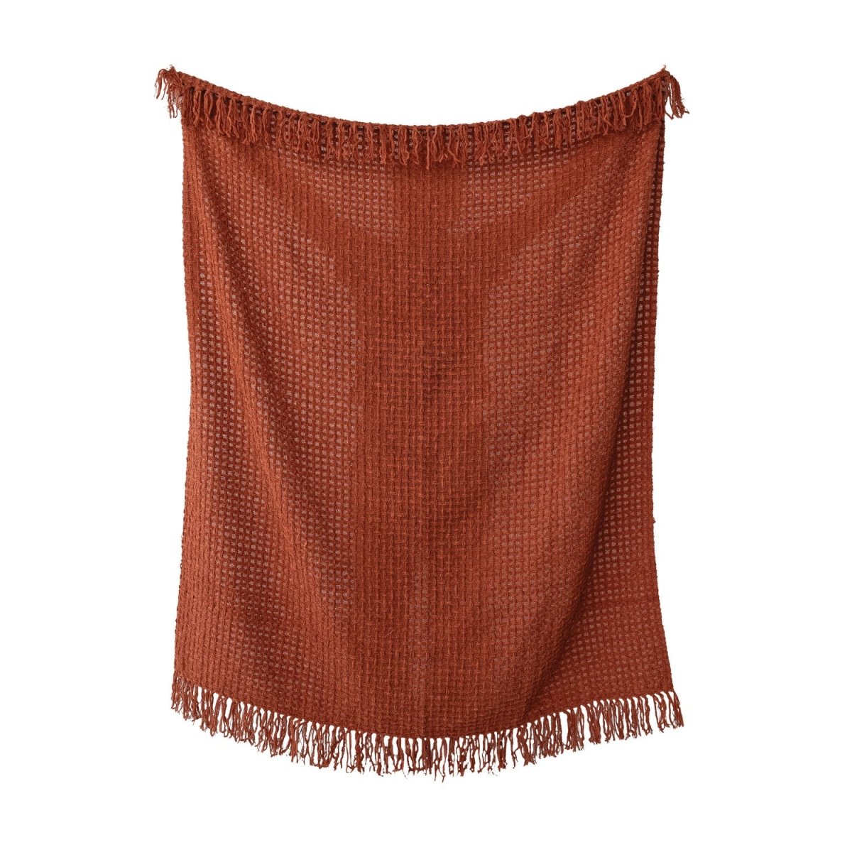 Woven Fabric Chenille Waffle Weave Throw with Fringe, Rust Color