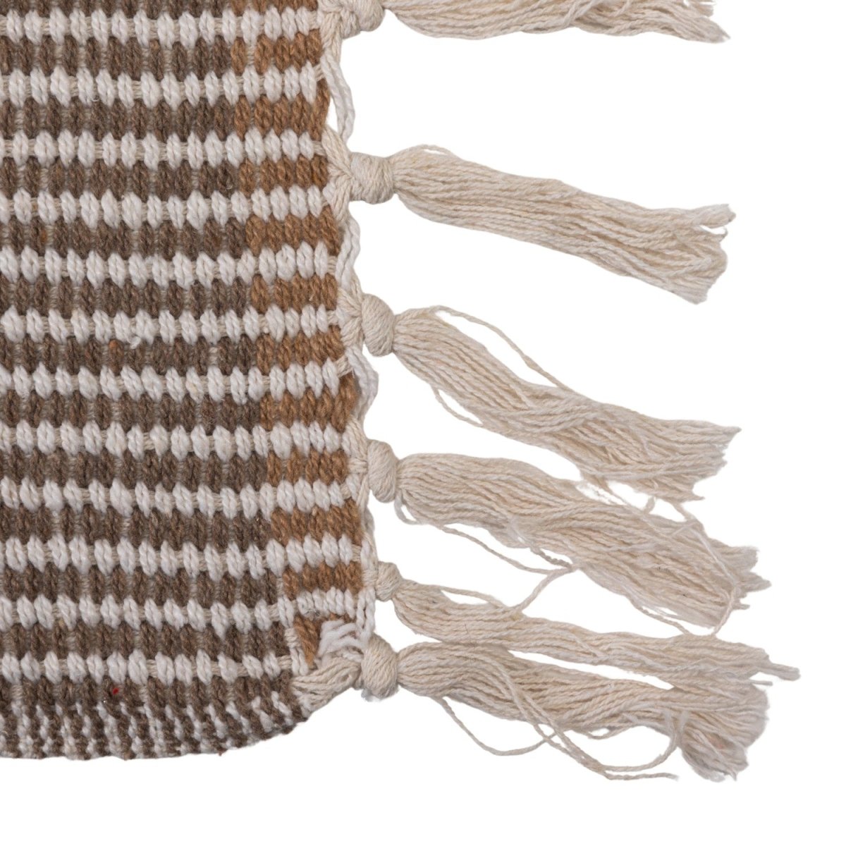 Close-up of the woven stripe pattern and fringe on the cotton blend throw